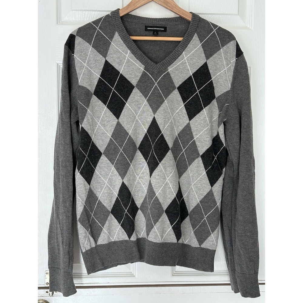 Express Men's Gray Argyle Size Large‎ Cotton And Wool V-neck Sweater
